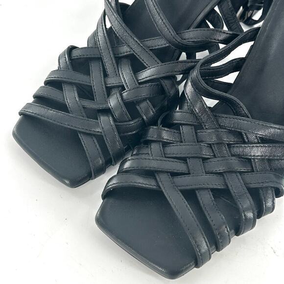 NWOT Seychelles Charter Square Toe Strappy Heels 8 Black Leather Woven Pumps - Picture 1 of 7